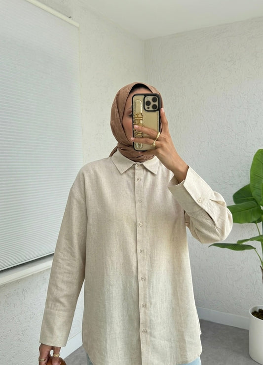 قميص نسائي طويل سادة لون بيجي فاتح ✅