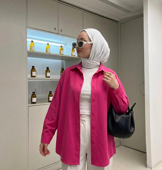 قميص نسائي سادة طويل وردي ,قالب طبيعي✅