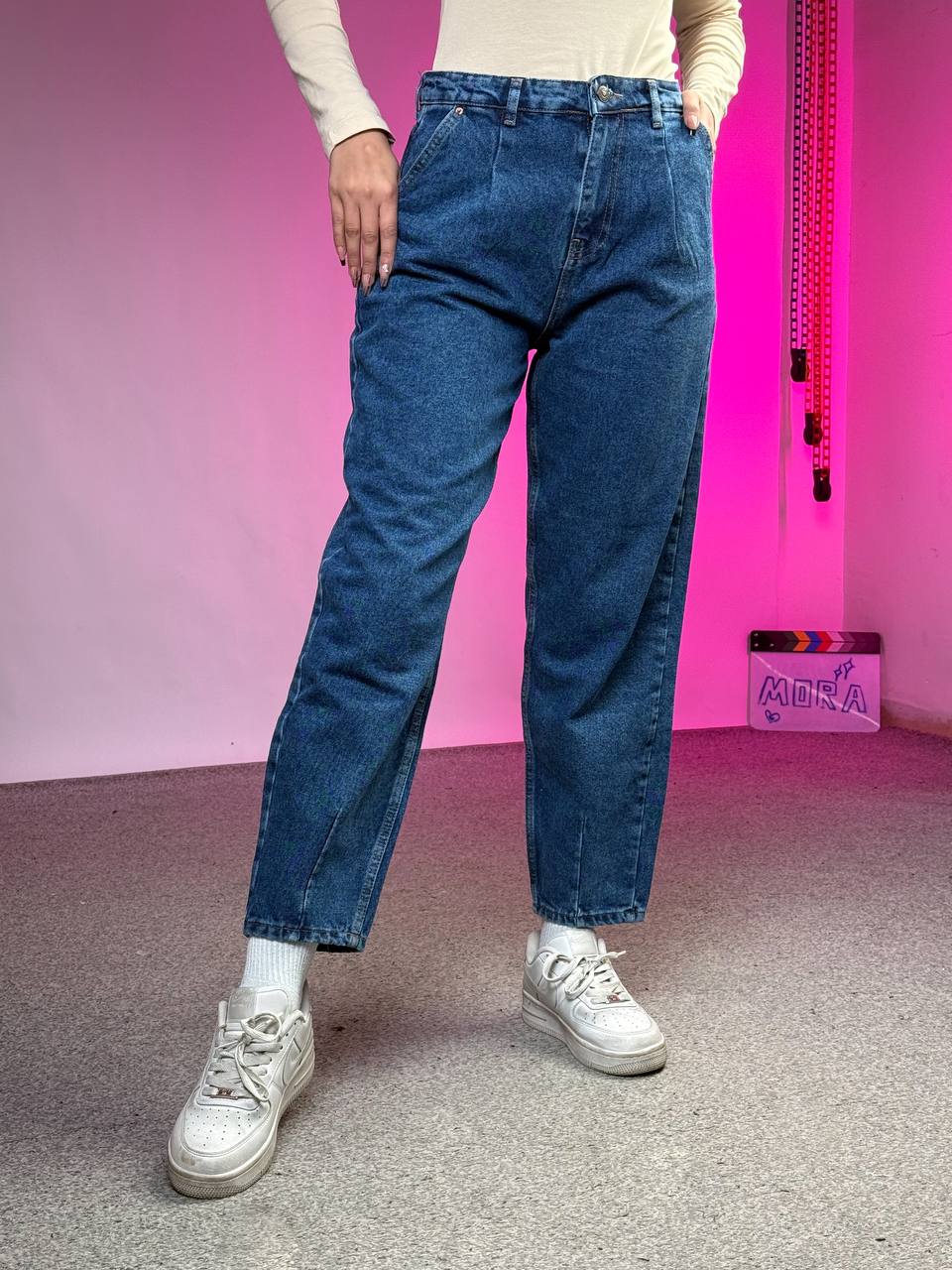 بنطرون نسائي ازرق عالي الخصر , قالب طبيعي ✅