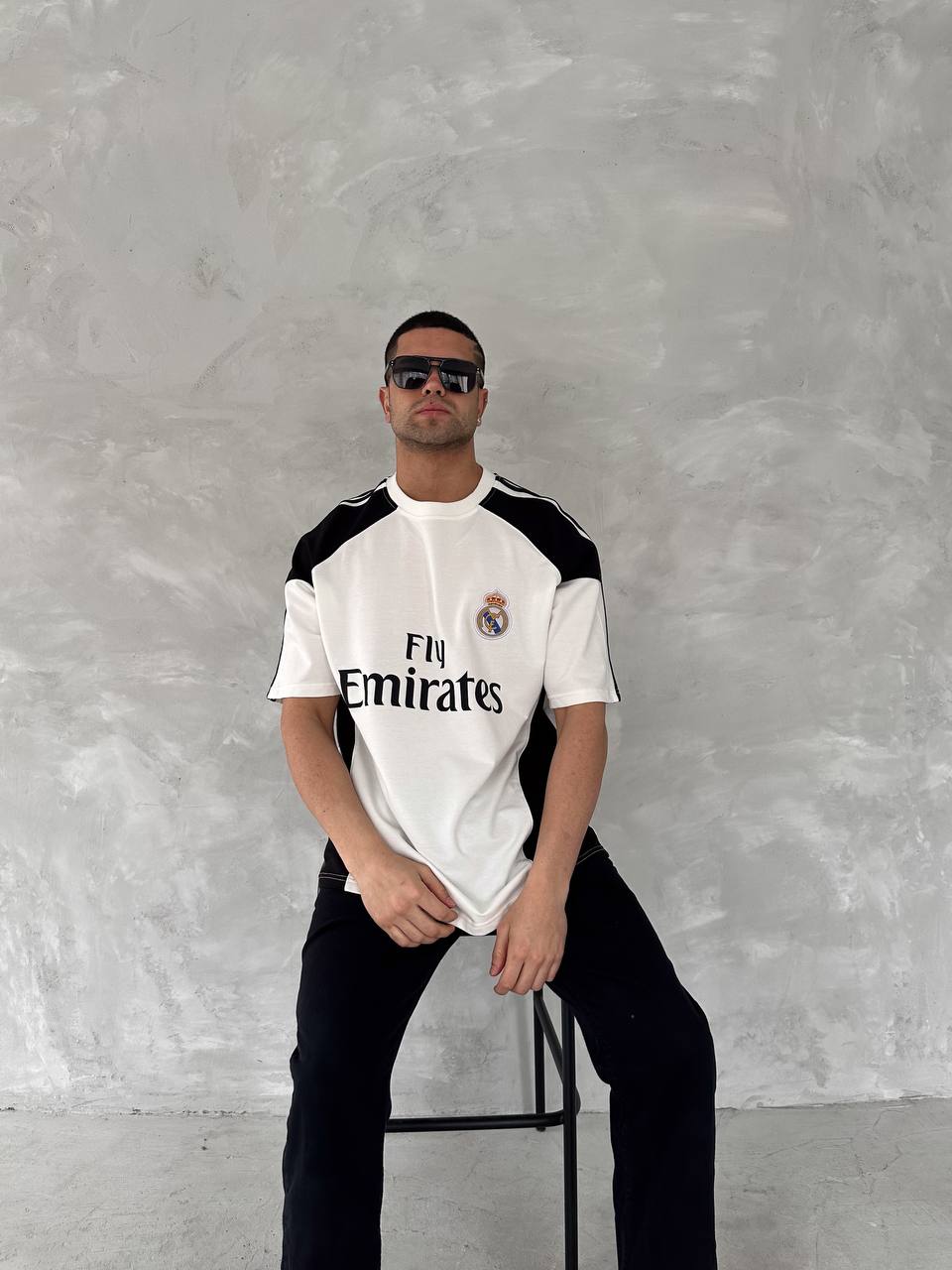 تيشيرت ريال مدريد ابيض واسود قطني , قالب كبير ✅