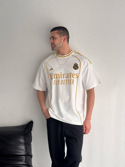 تيشيرت ريال مدريد خط ذهبي اديداس ابيض , قالب كبير✅