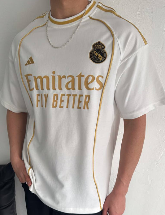 تيشيرت ريال مدريد خط ذهبي اديداس ابيض , قالب كبير✅