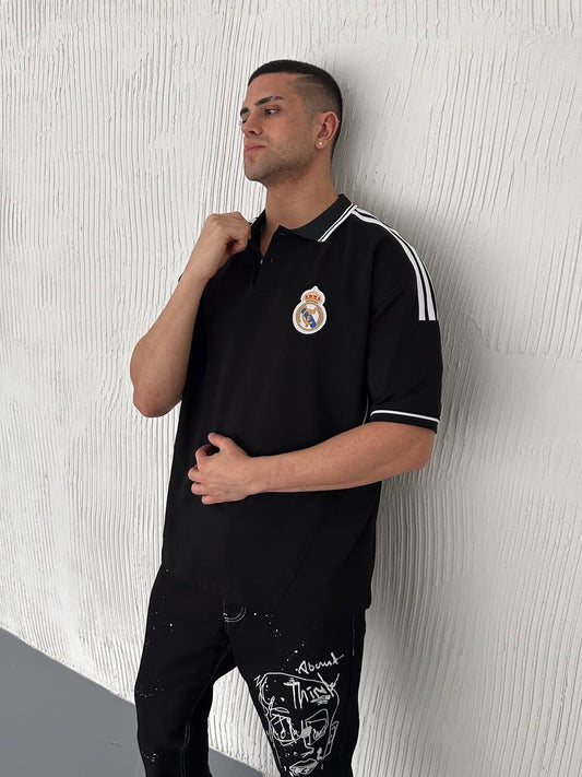 تيشيرت ياخة ريال مدريد اسود خطوط ابيض , قالب كبير